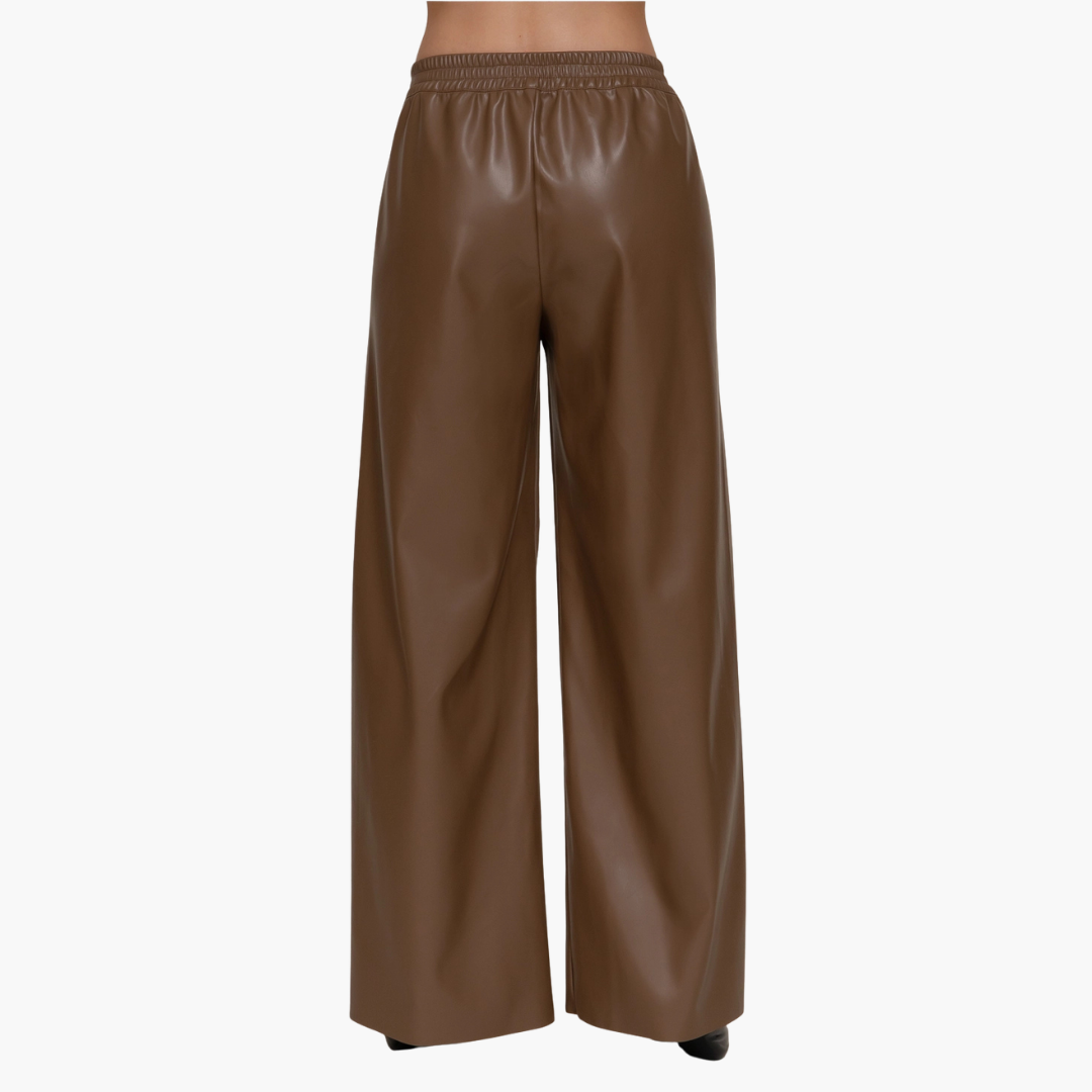 Brown Straight Faux Leather Long Pants