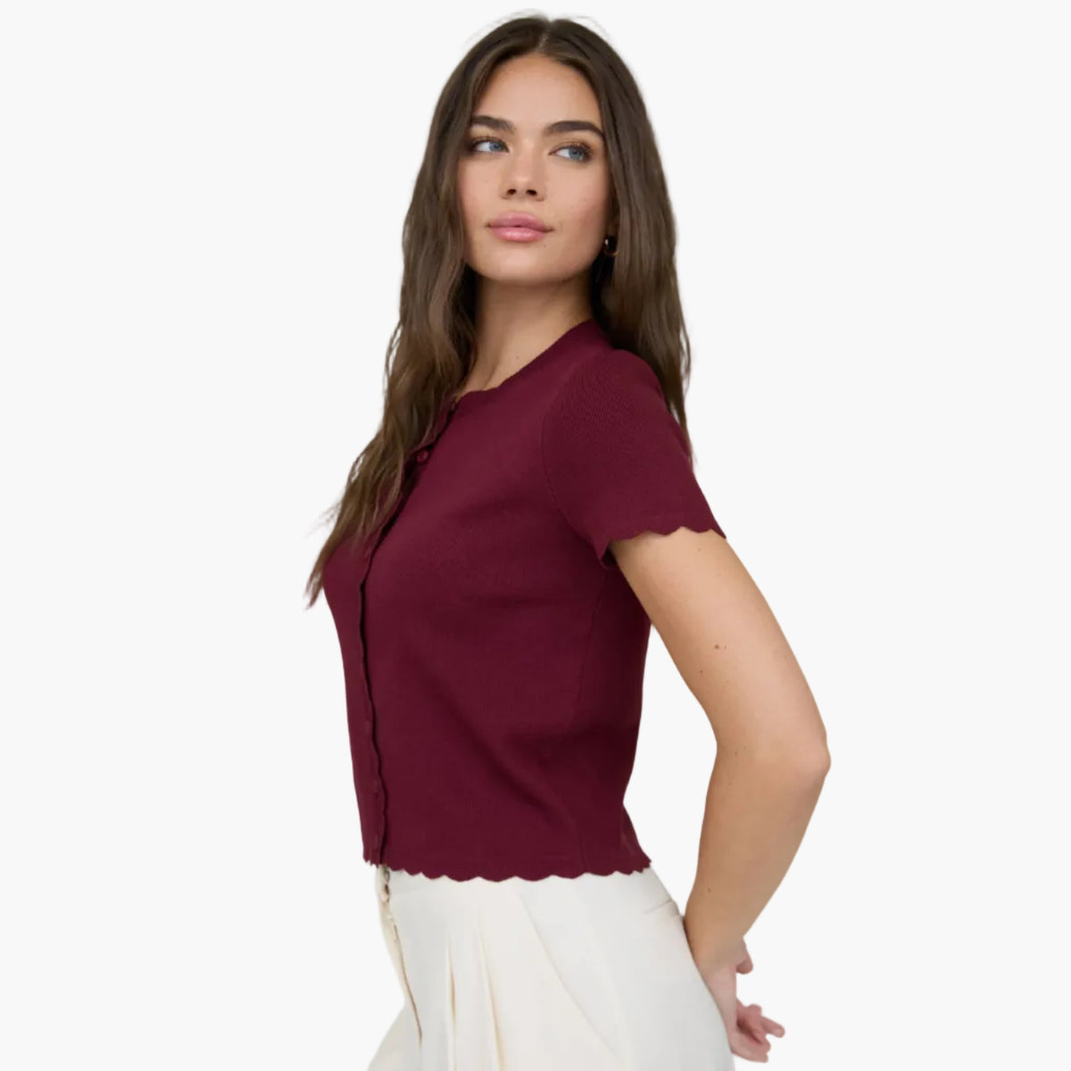 Burgundy Scalloped SS Knit Cardigan