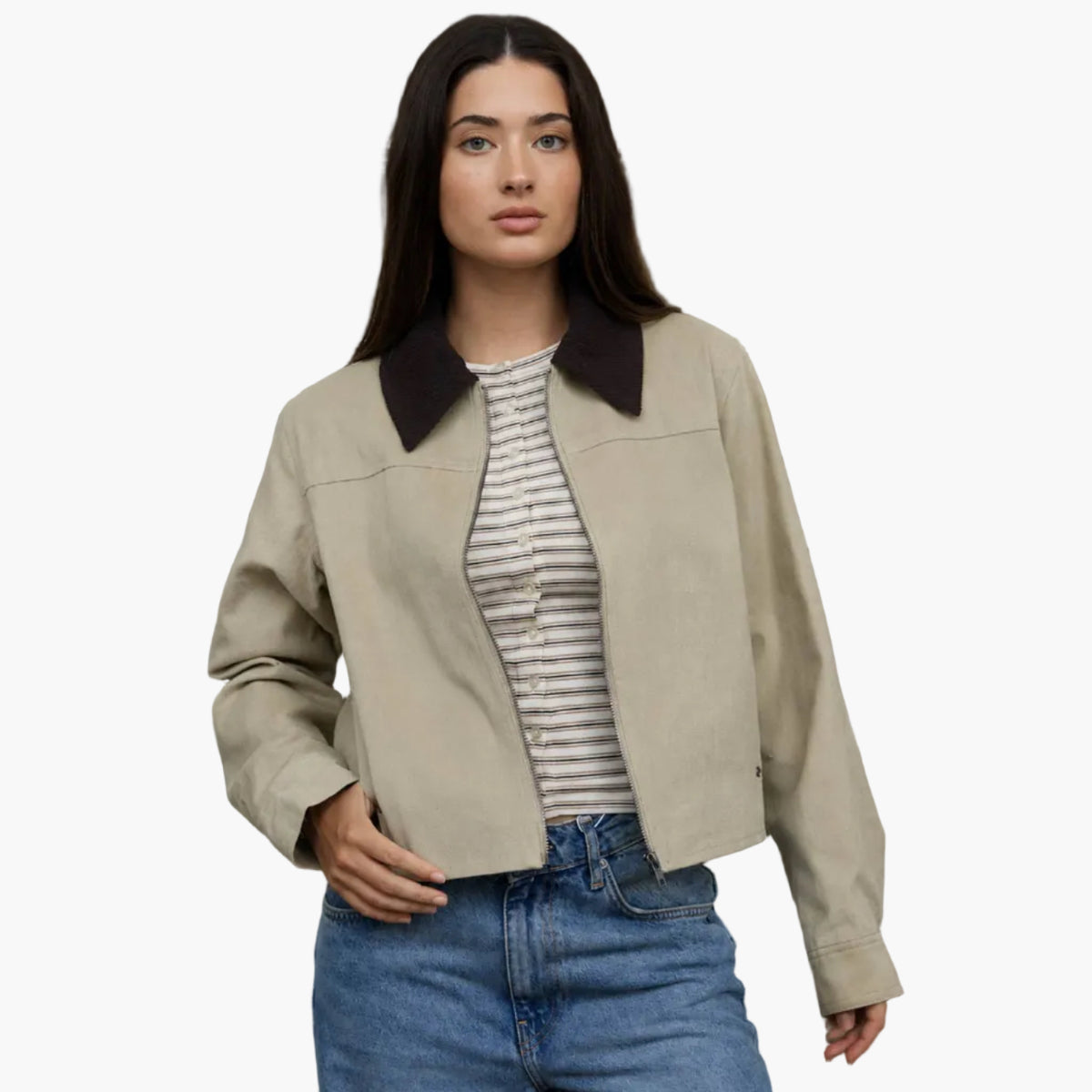 Khaki Contrast Corduroy Collar Zip Up Jacket