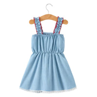 4th of July USA Chenille Girls Romper Dress Denim Lace Trim