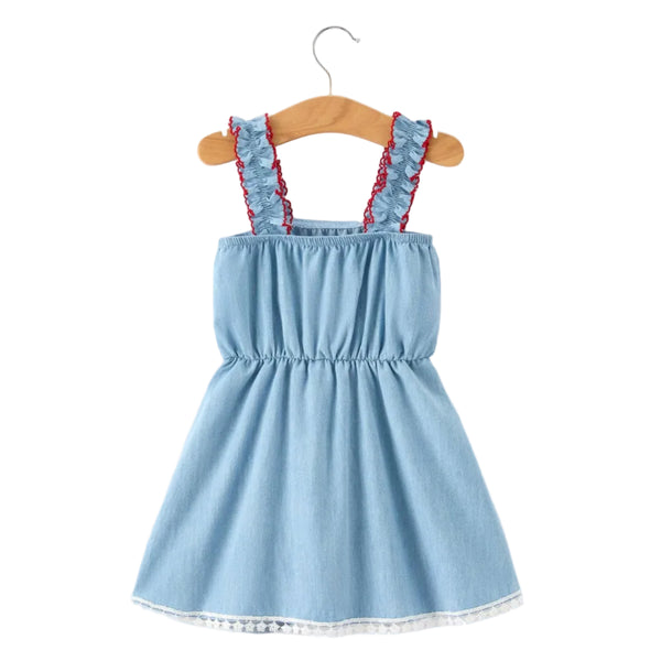 4th of July USA Chenille Girls Romper Dress Denim Lace Trim