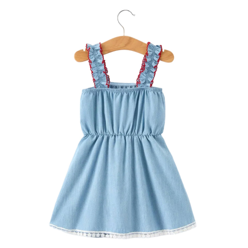 4th of July USA Chenille Girls Romper Dress Denim Lace Trim