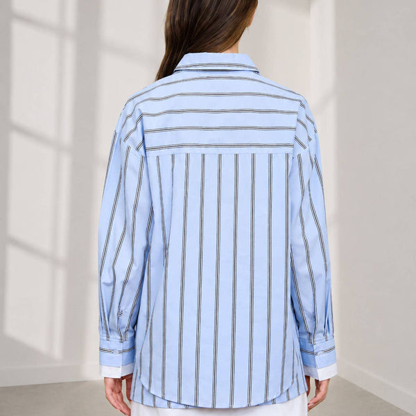 Blue Vertical Stripe Contrast Cuff Button Down Shirt