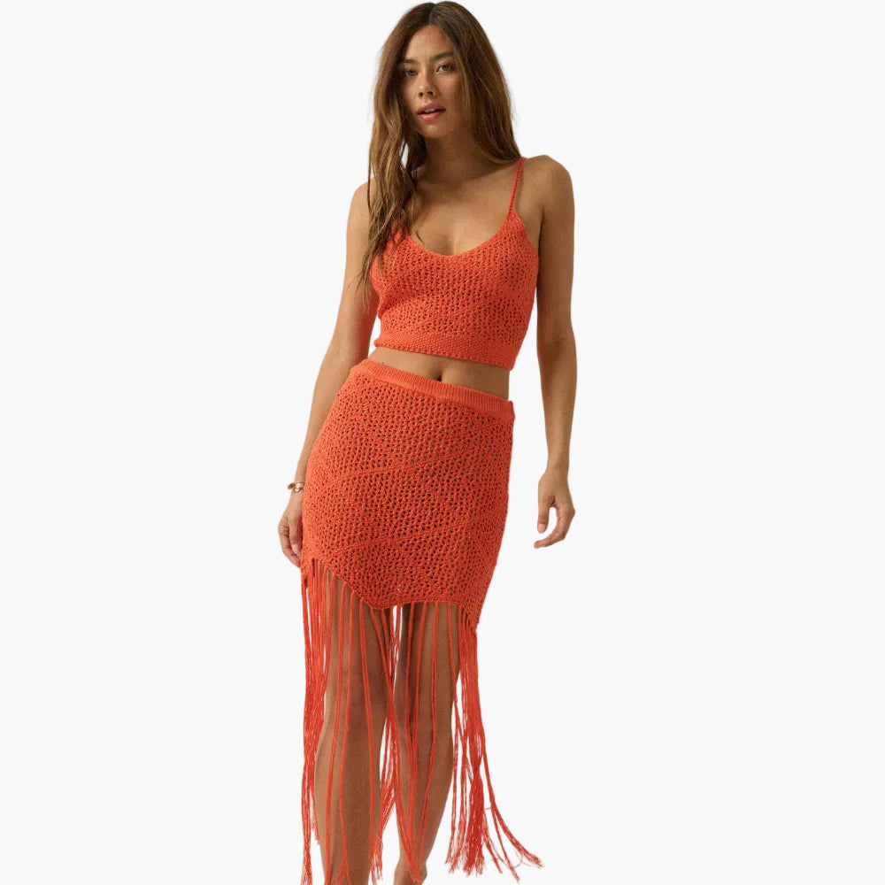 Crochet Open-Knit Tassel Fringe Maxi Skirt