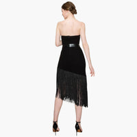 Strapless Belted Fringe Midi Dress