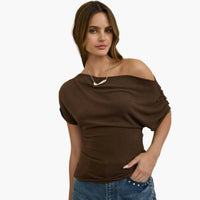 Brown Asymmetrical One Shoulder Knit Top