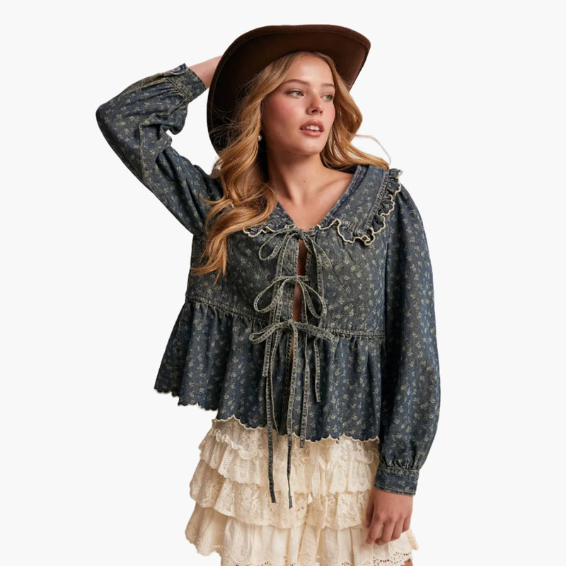 Ruffle Collar Tie-Front Denim Blouse