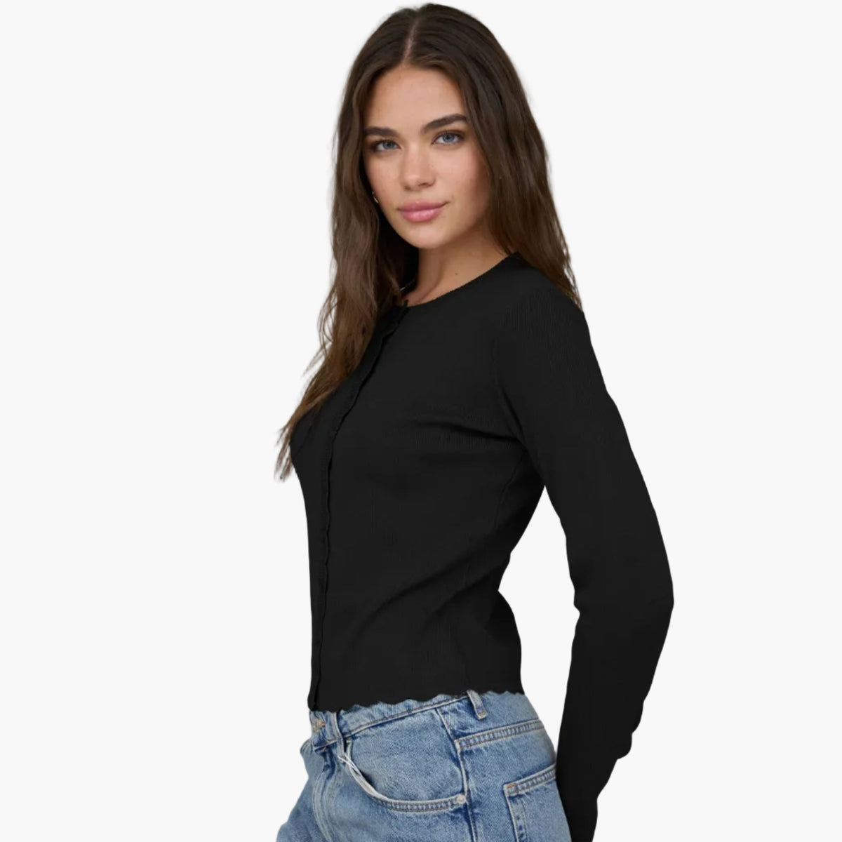 Black Scalloped Long Sleeve Knit Cardigan