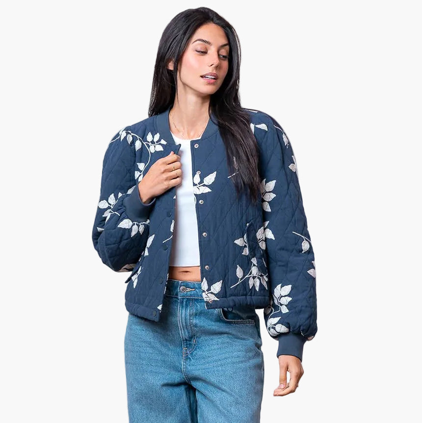 Navy Leaf Embroidered Quilted Jacket