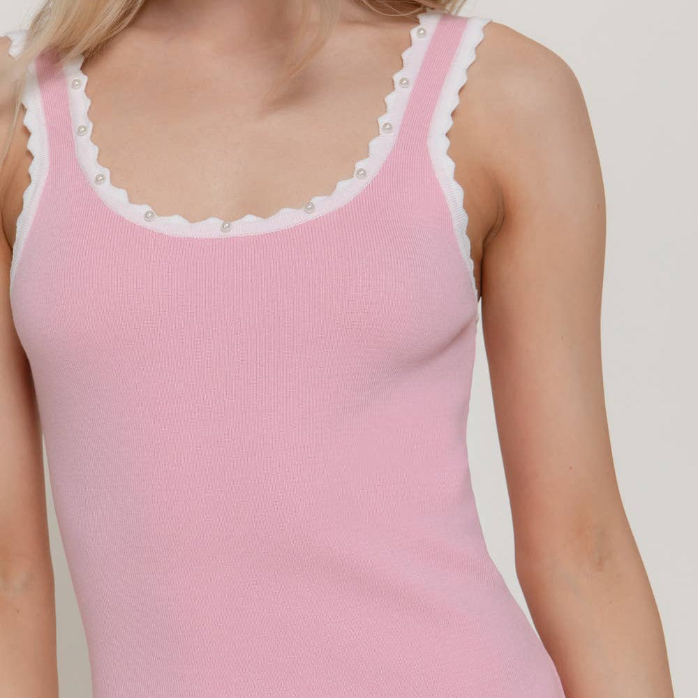 Sleeveless Square Neck with Scallop Pearl Sweater Knit Top