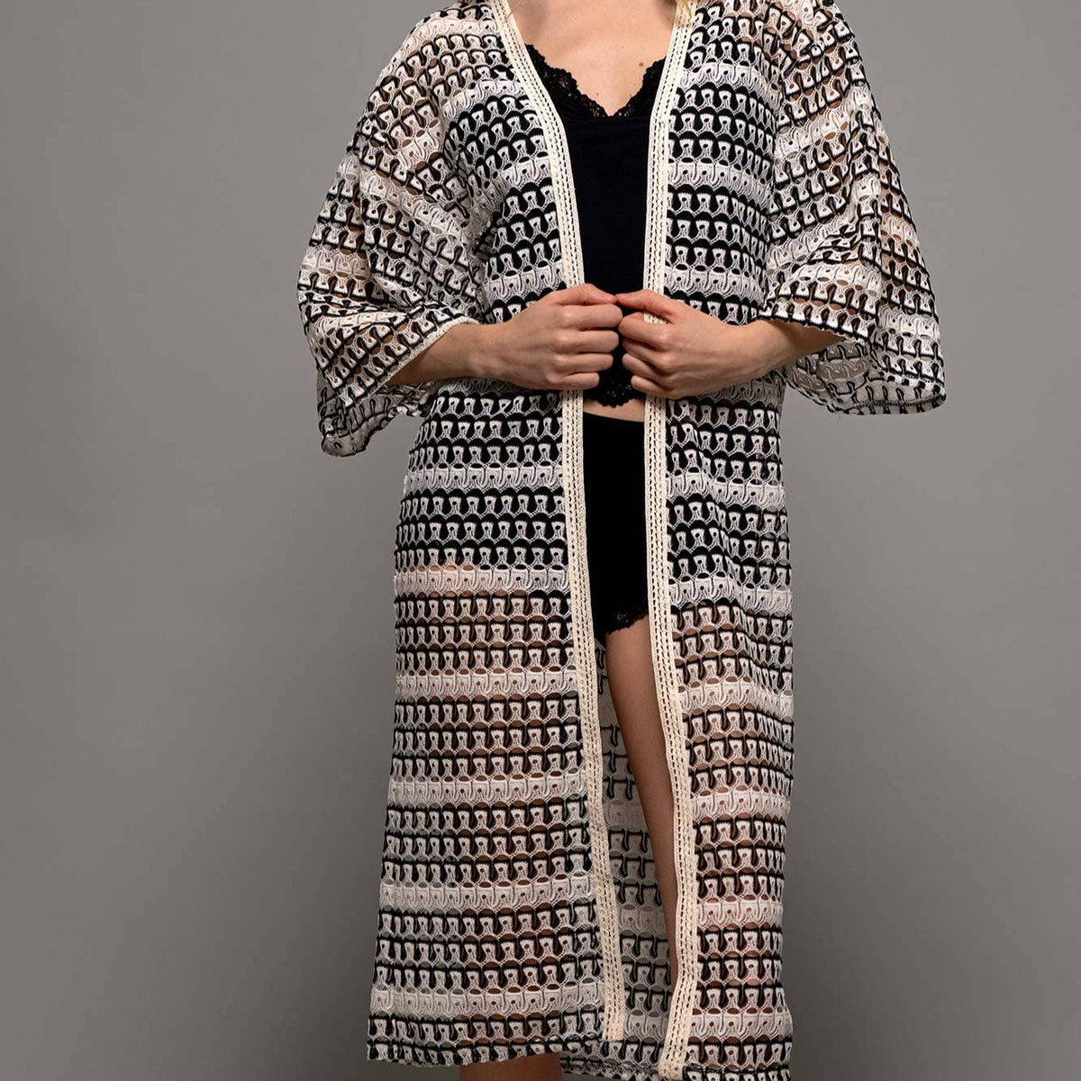 Geometric Crochet Kimono Sleeve Midi Cardigan