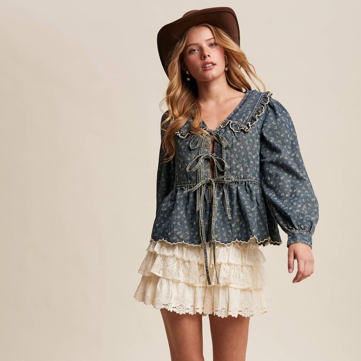 Ruffle Collar Tie-Front Denim Blouse