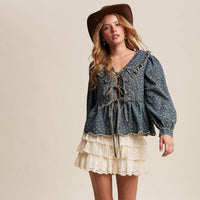 Ruffle Collar Tie-Front Denim Blouse