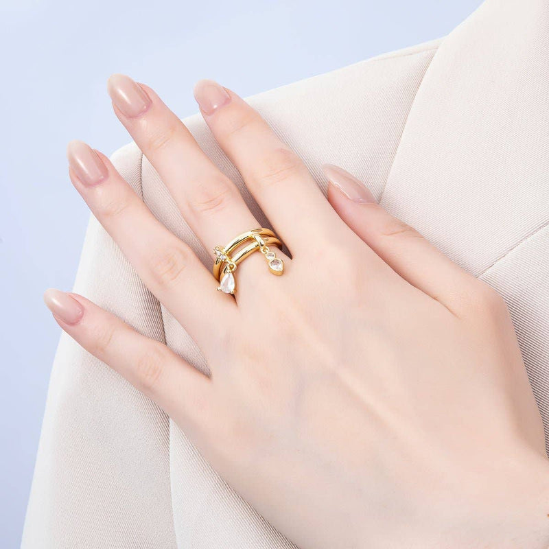 16K Gold Filled Clear Teardrop CZ Drop Double Band Ring
