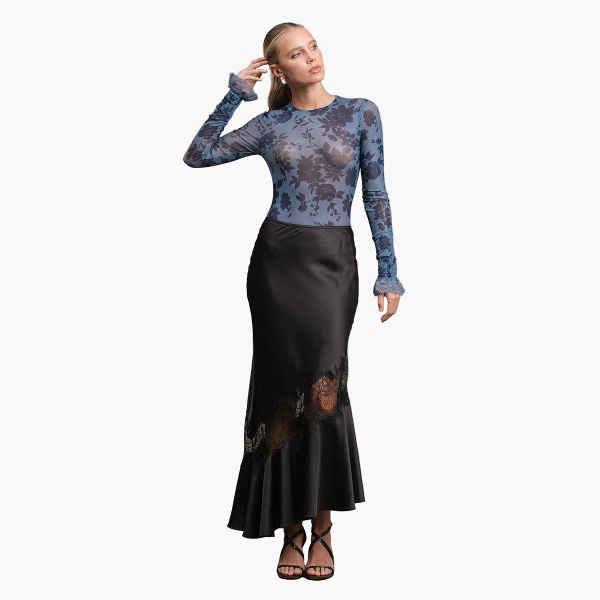 Black Satin Bias Lace Panel Skirt