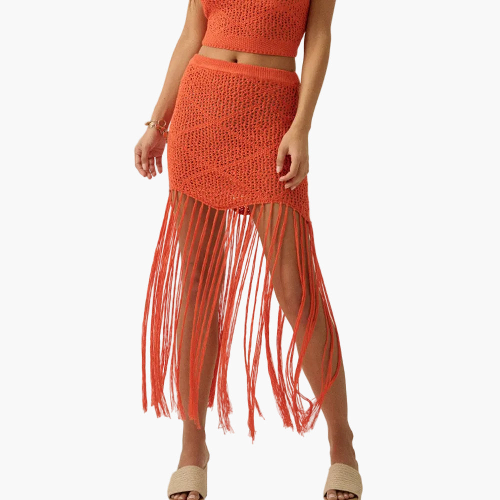 Crochet Open-Knit Tassel Fringe Maxi Skirt