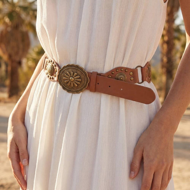 Brown Oval Concho Disc Vegan Leather Link Belt