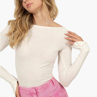 Cream Boat Neck Long Sleeve Top