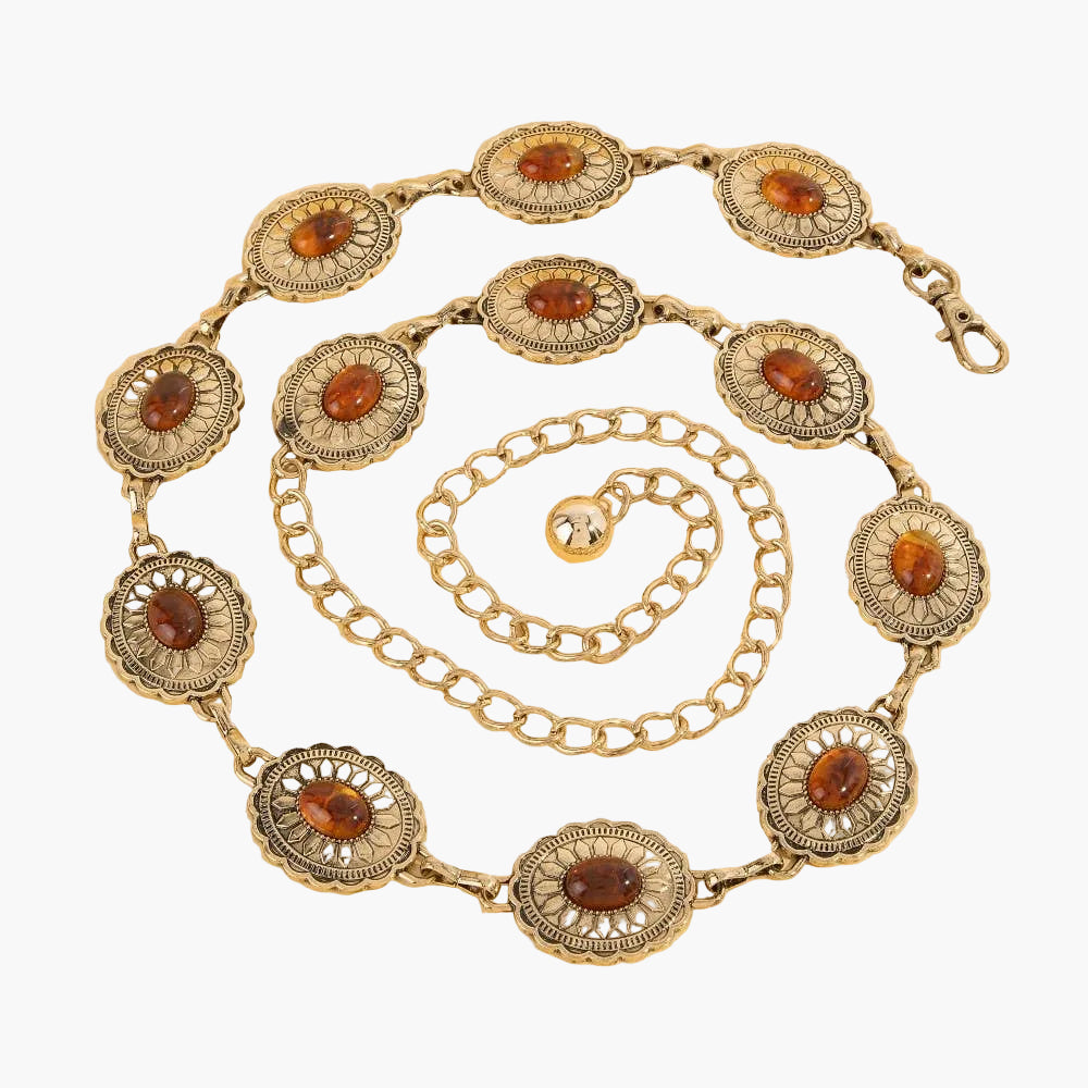 Gold Amber Brown Oval Stud Concho Western Chain Belt
