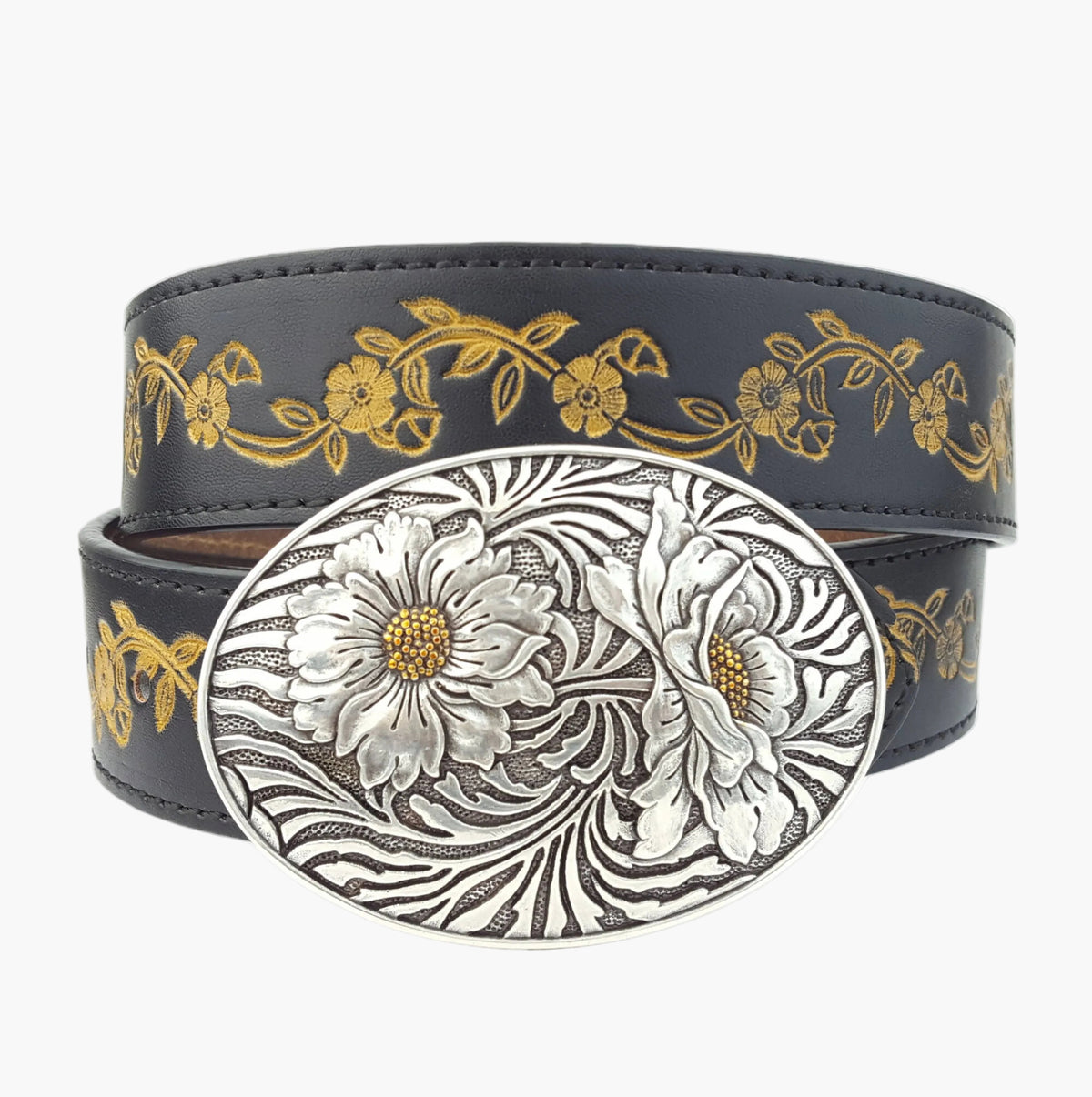 Embossed Hand-painted Vintage Floral Tooled Belt with Floral Belt Buckle
