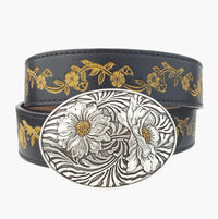 Embossed Hand-painted Vintage Floral Tooled Belt with Floral Belt Buckle
