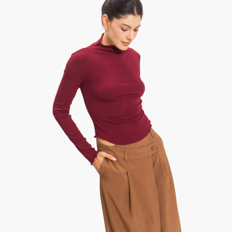 Burgundy Long Sleeve Lettuce Hem Top