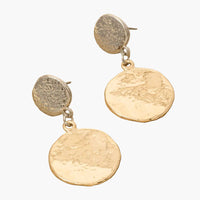 Two Tone Textured Double Coins Dangle Earrings