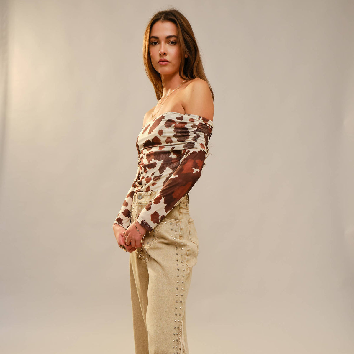 Cow Print Mesh Off Shoulder Top