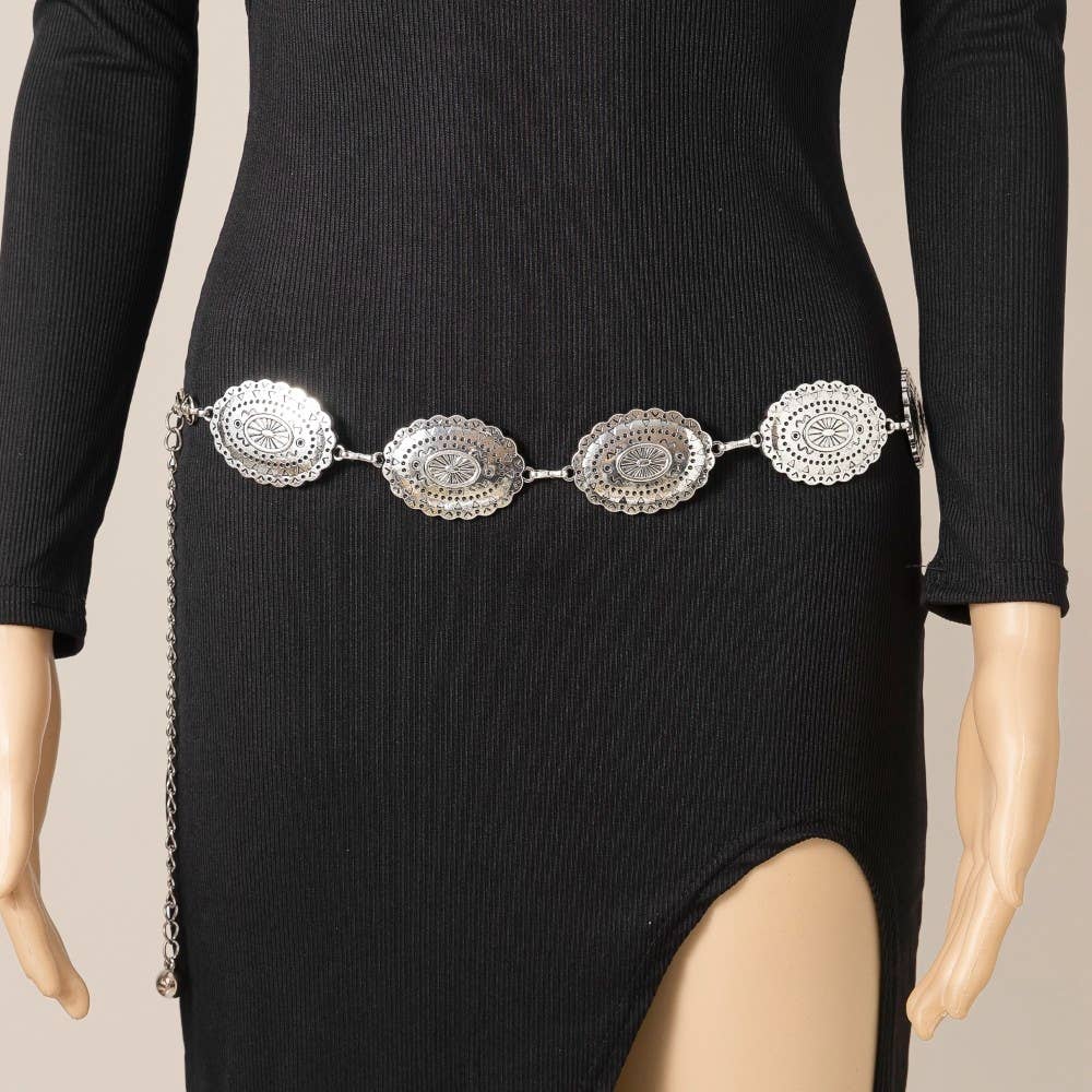 Silver Oval Western Concho Disc Chain Belt