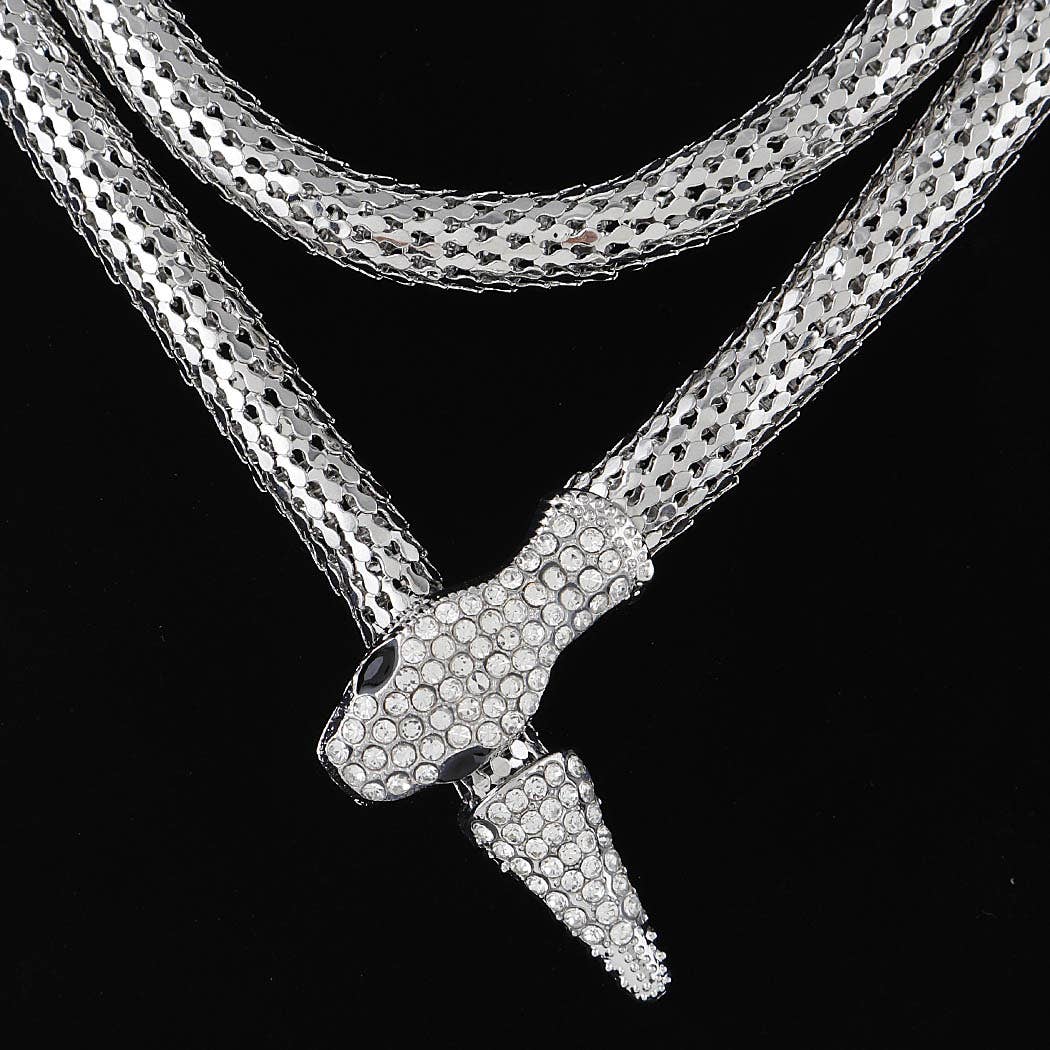 Jeweled Snake Wrap Necklace - Silver
