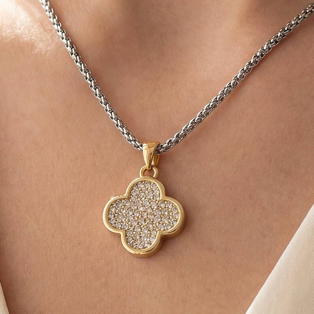 Gold Dipped Two Tone Pave Clover Pendant Necklace
