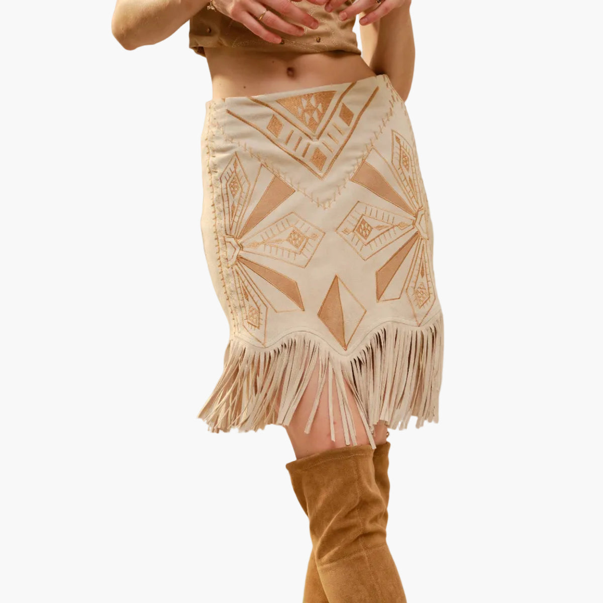 Laser Cut Embroidered Fringe Skirt