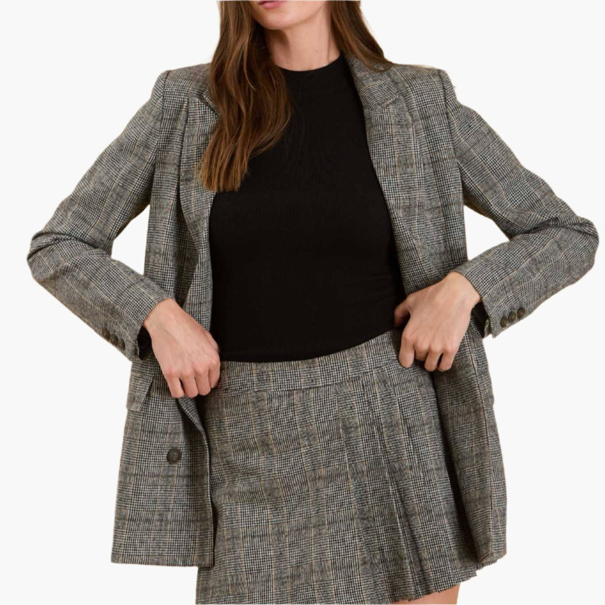 Charcoal Plaid Long Sleeve Blazer