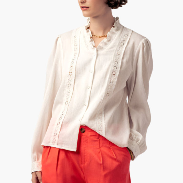 Ruffle Neck Lace Trim Button Down Long Sleeve Blouse