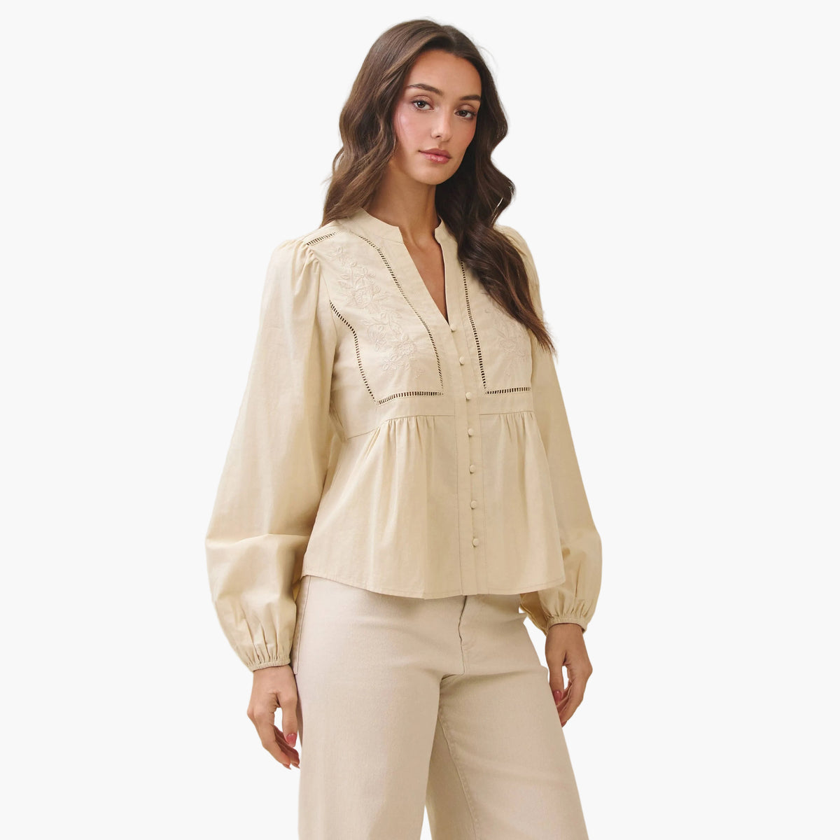 Ecru Embroidered Peasant Cotton Blouse