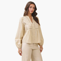 Ecru Embroidered Peasant Cotton Blouse