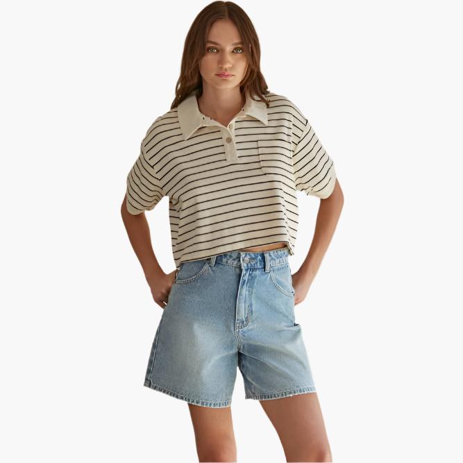 Knit Striped Collar Buttondown Crop Top