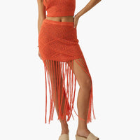 Crochet Open-Knit Tassel Fringe Maxi Skirt