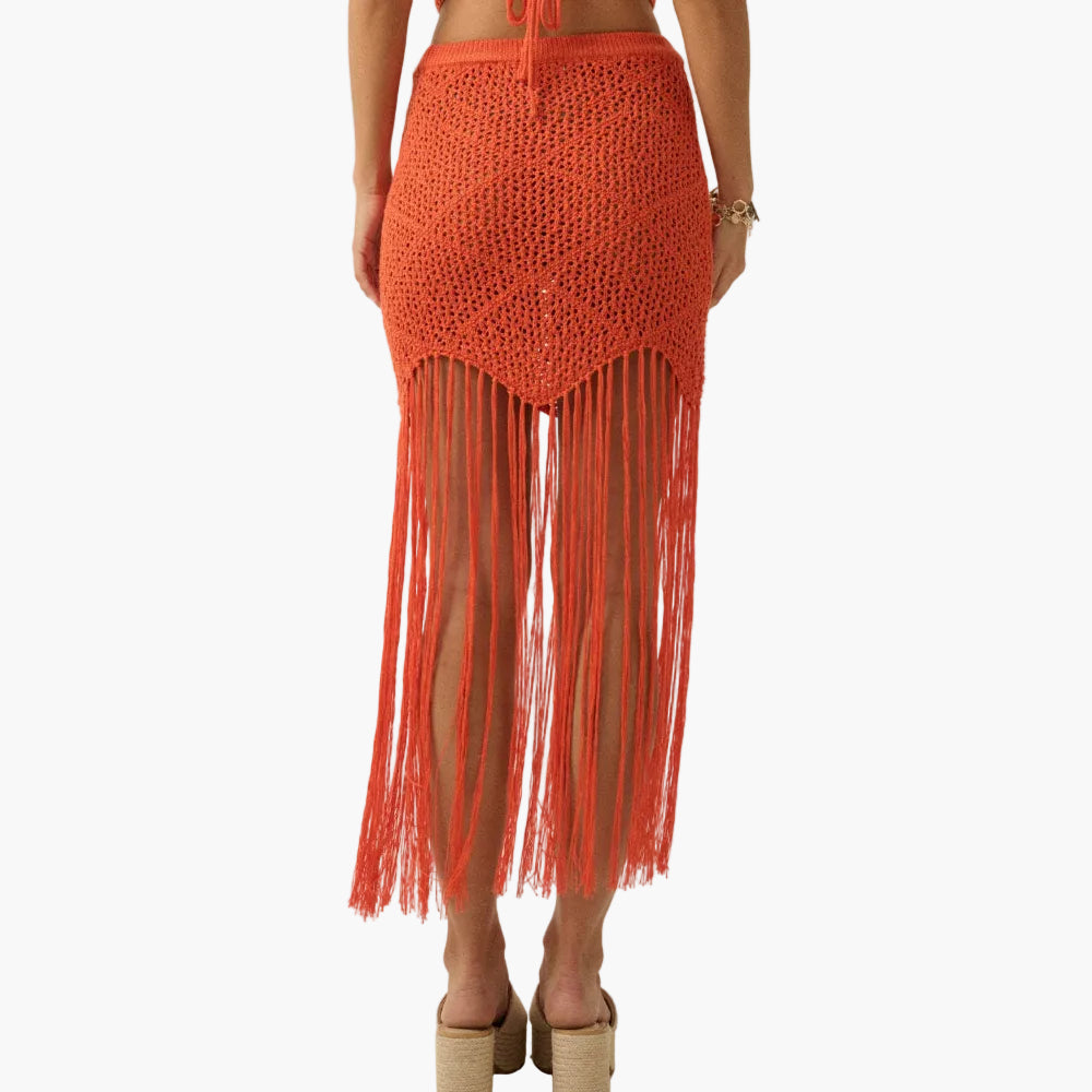 Crochet Open-Knit Tassel Fringe Maxi Skirt