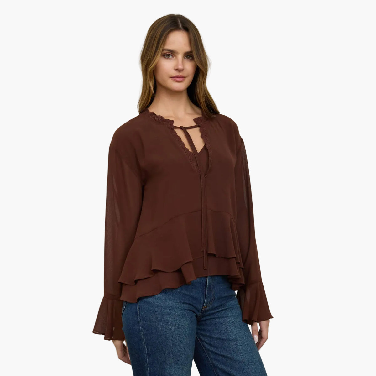 Tiered Ruffle Tie Neck Blouse