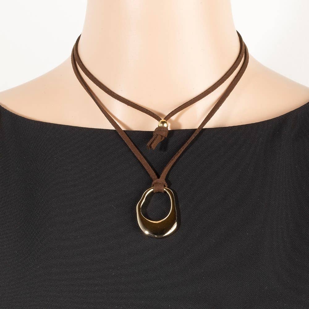Gold Hammered Oval Suede Brown Cord Necklace