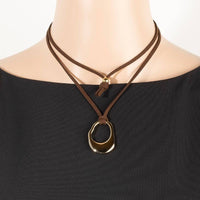 Gold Hammered Oval Suede Brown Cord Necklace