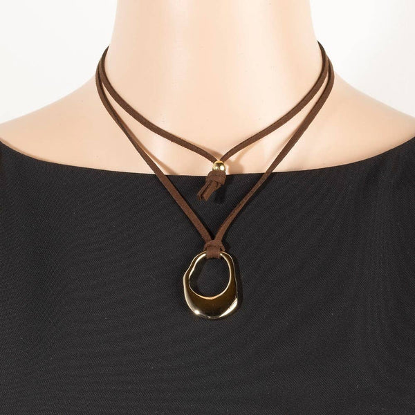 Gold Hammered Oval Suede Brown Cord Necklace