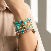 Turquoise Western Charms Gold Beaded Bracelet Set