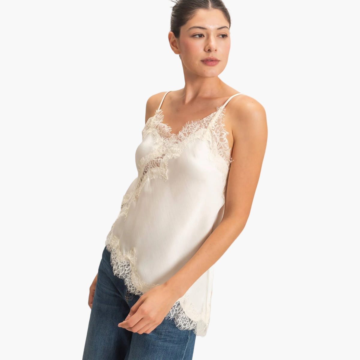Cream Asymmetrical Satin Lace Top
