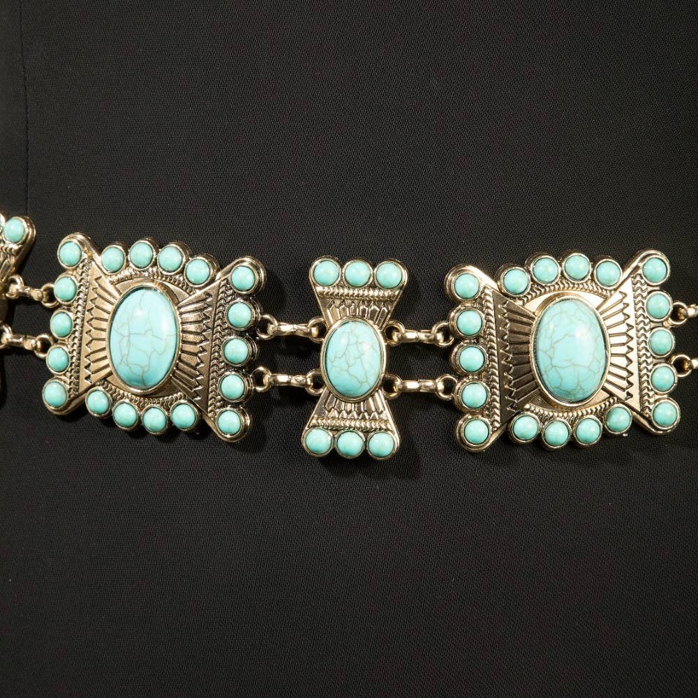 Gold Turquoise Stone Western Concho Chain Belt