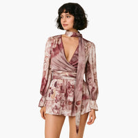 Mauve Spring Floral Satin Tiered Mini Dress