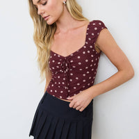 Burgundy Mesh Polka Dot Tie Front Top