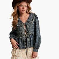 Ruffle Collar Tie-Front Denim Blouse