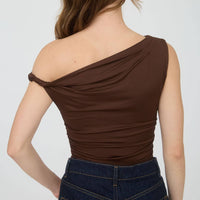 Chocolate Asymmetrical Twist Detail Knit Top